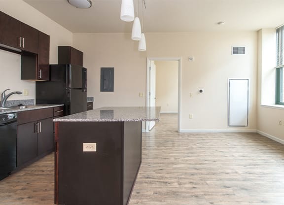 a kitchen and living room at Walnut on Highland, Pittsburgh, PA