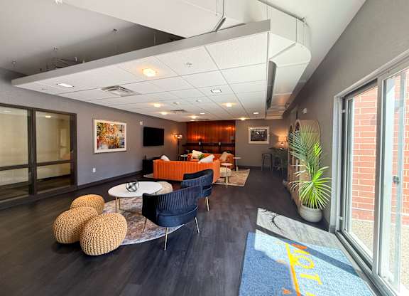 A living room with a blue rug and a yellow line on it. Hot Metal Flats apartments, Southside Pittsburgh, PA