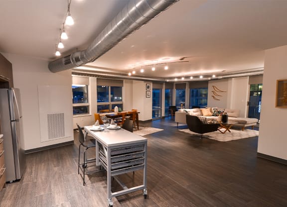 a kitchen and living room at Walnut on Highland, Pittsburgh, PA
