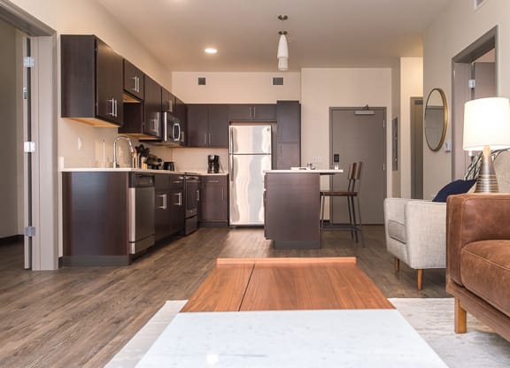 a view of the living room and kitchen in a two bedroom apartment Hot Metal Flats apartments, Southside Pittsburgh, PA