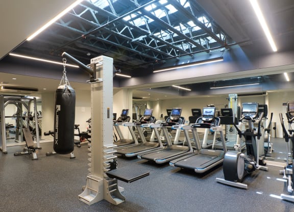 a gym with weights and cardio equipment and a punching bag at The Commonwealth Building, Pittsburgh, 15222