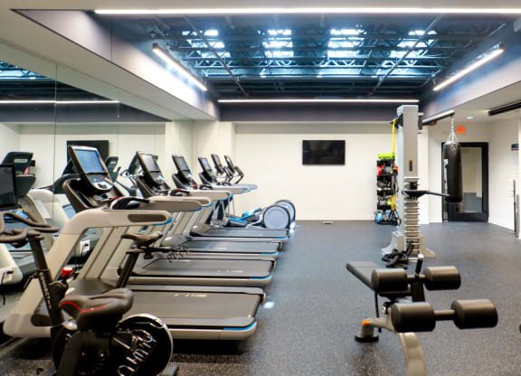 a gym with cardio equipment and weights on the floor at The Commonwealth Building, Pittsburgh, 15222