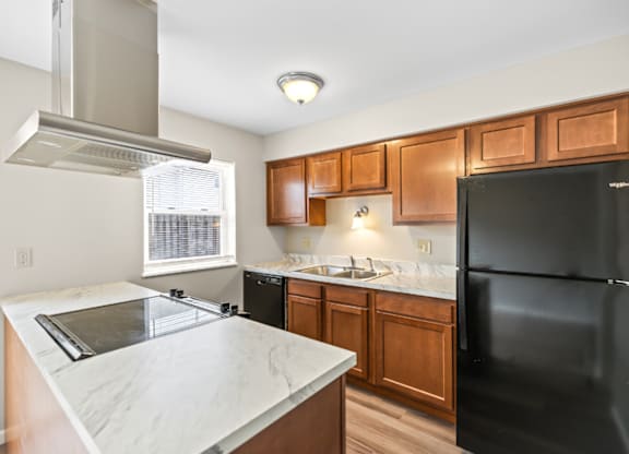 A kitchen with a black refrigerator and wooden cabinets.