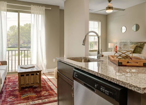 a kitchen with a sink and a counter top at Adelphi Quarter, Columbus, OH