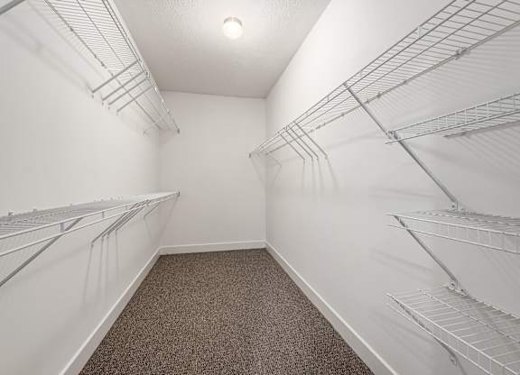 Empty walk-in closet with shelves and carpeted floor. at River View at Bexley Apartments, Ohio, 43209