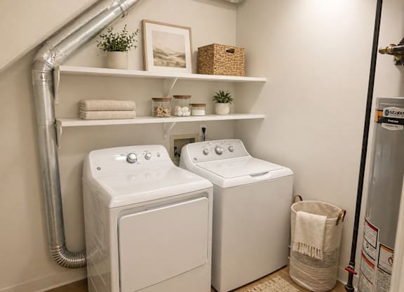 A laundry room with two washing machines and a shelf with towels and plants.