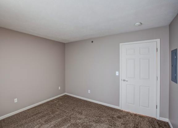 A room with a white door and carpeted floor.