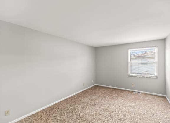A room with a carpeted floor and a window with blinds.