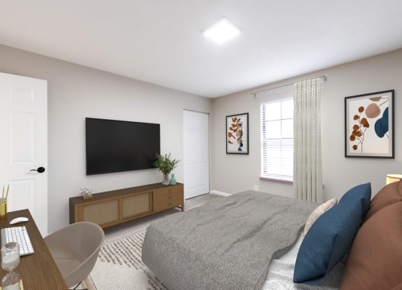 a bedroom with a large bed and a tv on the wall