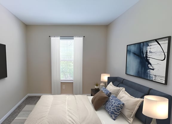 Bedroom with a large bed in front of a window at Merrick Place, KY, 40502