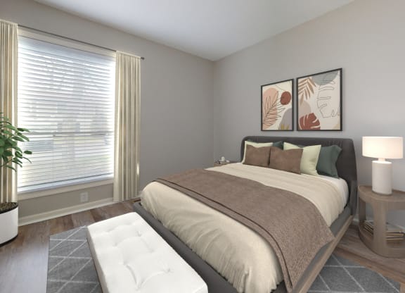 Bedroom with a bed and a large window at Summit at Keystone, Indianapolis