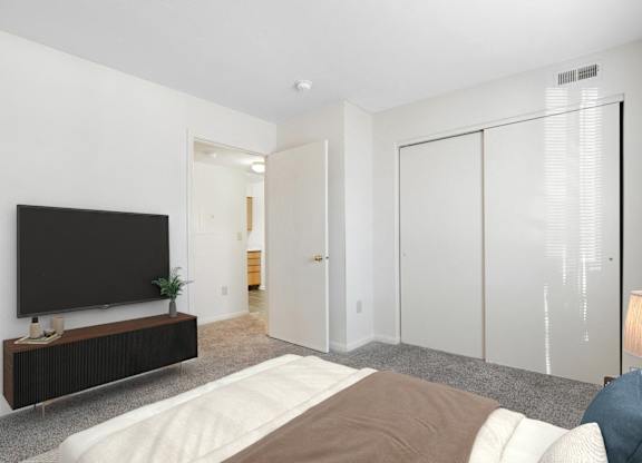 A living room with a large bed and a television.