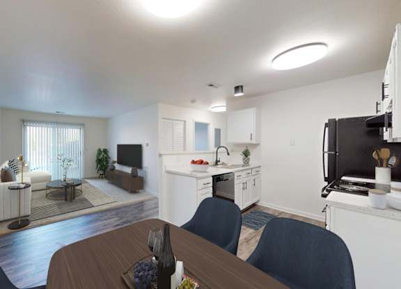 A modern living room with a dining area and kitchen in the background.