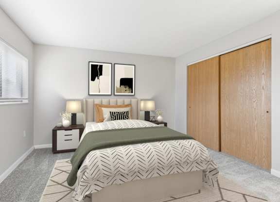 A bedroom with a bed, two nightstands, and a painting on the wall.