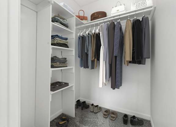 A white closet with clothes and shoes.
