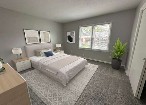 A bedroom with a large bed, two lamps, and a potted plant.