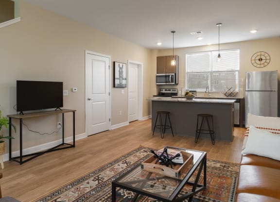 Living Area With Kitchen View at Adelphi Quarter, Columbus, OH, 43203