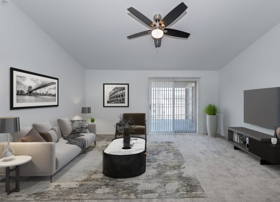 Modern Living Room with new gray carpet at Ivy Hills Living Spaces, Ohio