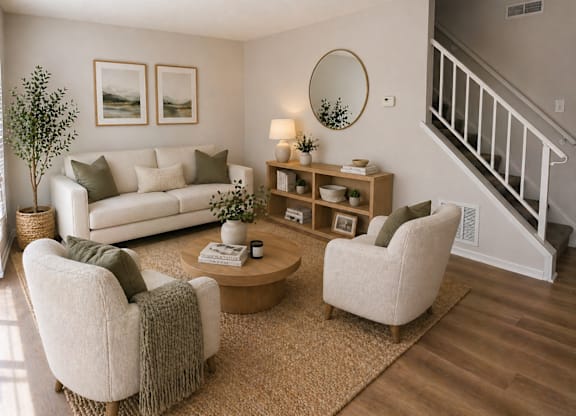 A living room with a white couch, two chairs, and a coffee table.