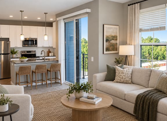 A modern living room with a kitchen area in the background.