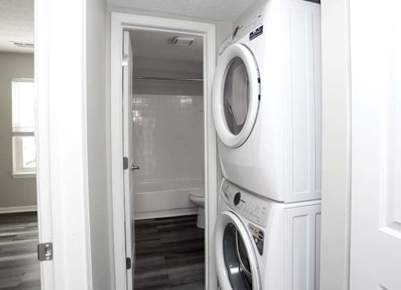 Stacked machines in laundry room at Meridian Court South, Indianapolis, 46217
