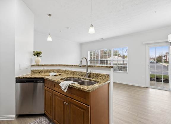 A kitchen with a granite countertop and a stainless steel dishwasher.