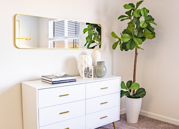 a white dresser with a plant and a mirror in a room