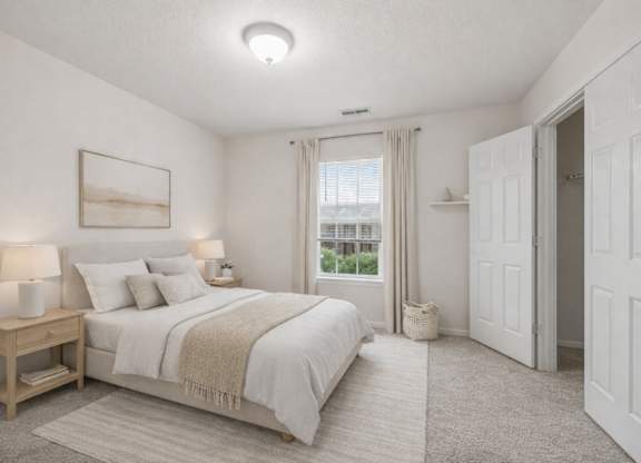 A bedroom with a large bed, two lamps, and a painting on the wall.