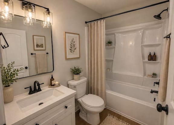 A white bathroom with a sink, toilet, and bathtub.
