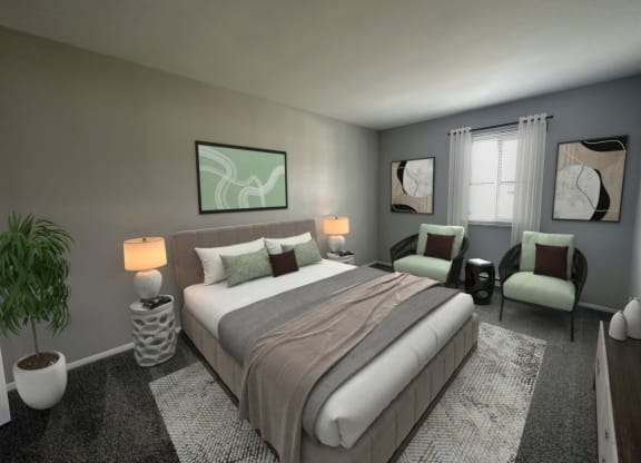a bedroom with a bed and a chair in a room