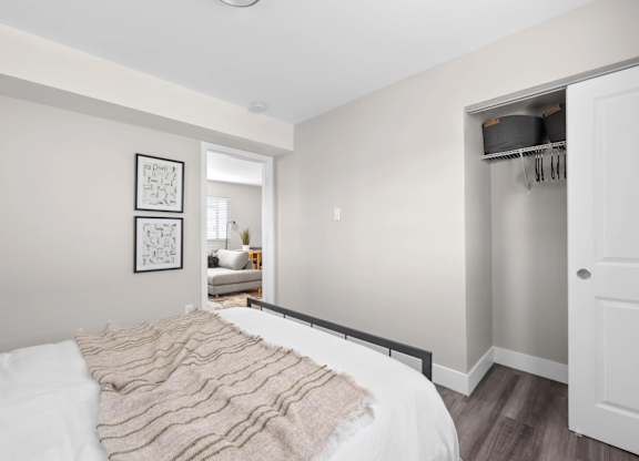Bedroom with a closet at The Rand Apartments, Columbus, OH, 43227