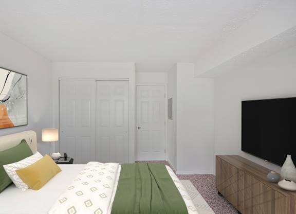 A bedroom with a bed, a lamp, a painting, and a television.