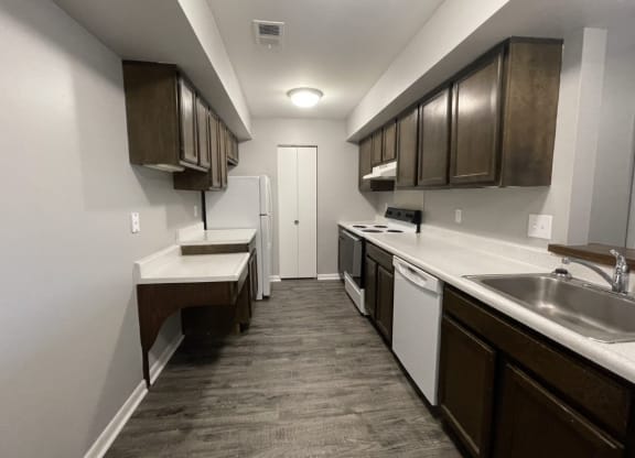 a kitchen with a sink dishwasher and a refrigerator