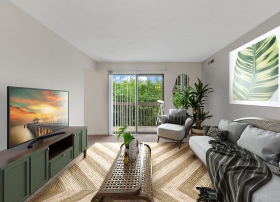 a living room with grey walls and a sliding glass door leading to a balcony at The Woodridge Collection, Fairfield