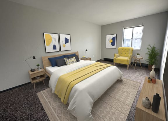 a bedroom with a bed and a chair in a room