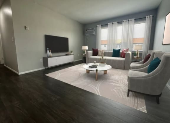 a living room with gray walls and a large white coffee table in the middle of the room