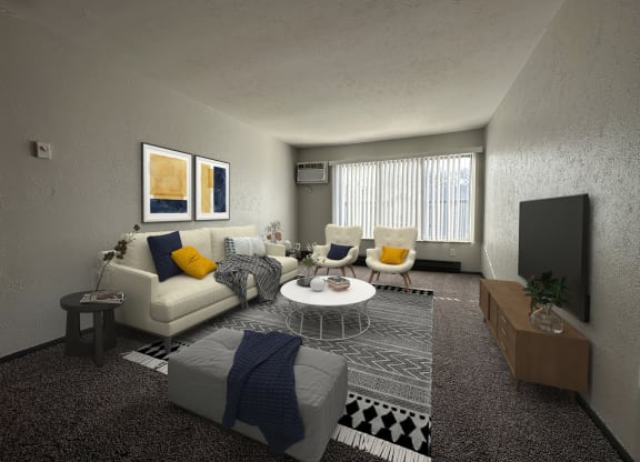 a rendering of a living room with a white couch and yellow and blue pillows