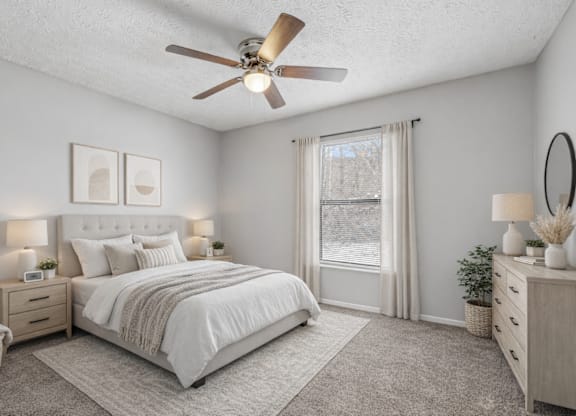 bedroom with window with curtains at Timbercreek Apts, Ohio