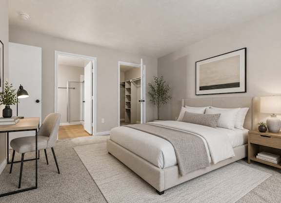 A bedroom with a large bed, a desk with a chair, and a nightstand with a lamp.