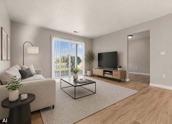 A living room with a white couch, a black coffee table, and a flat screen TV.