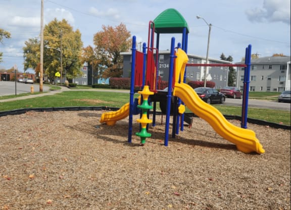 a playground in a park with a slide and other toys