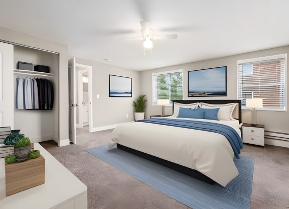 a bedroom with a bed and a closet