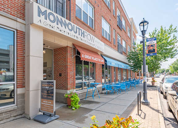 A street view of Monmouth with a sign that says "A Great Place to Live".