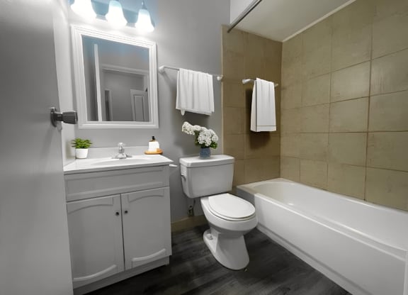 a bathroom with a toilet sink and bath tub