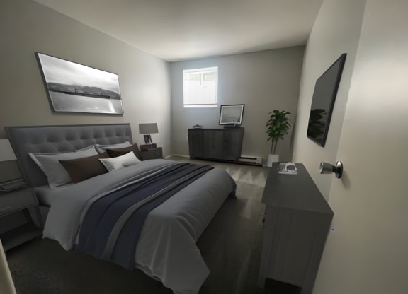 a bedroom with a bed and a dresser and a window