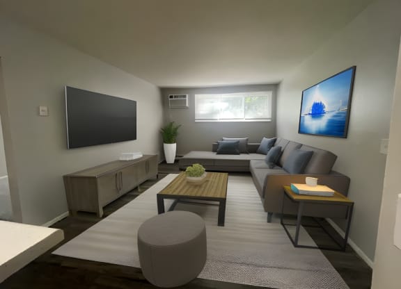 a rendering of a living room with a couch and a table