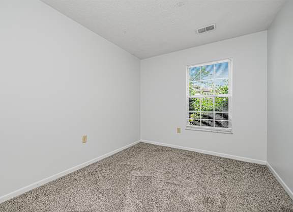 A room with a carpeted floor and a window showing a view of trees and a building outside.