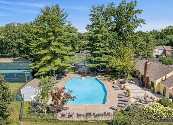 A pool surrounded by trees and lawn chairs.