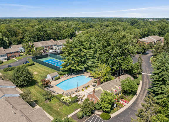 A bird's eye view of a residential area with a swimming pool and a winding road.