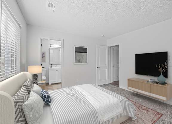 A bedroom with a bed, a couch, a television, and a rug.